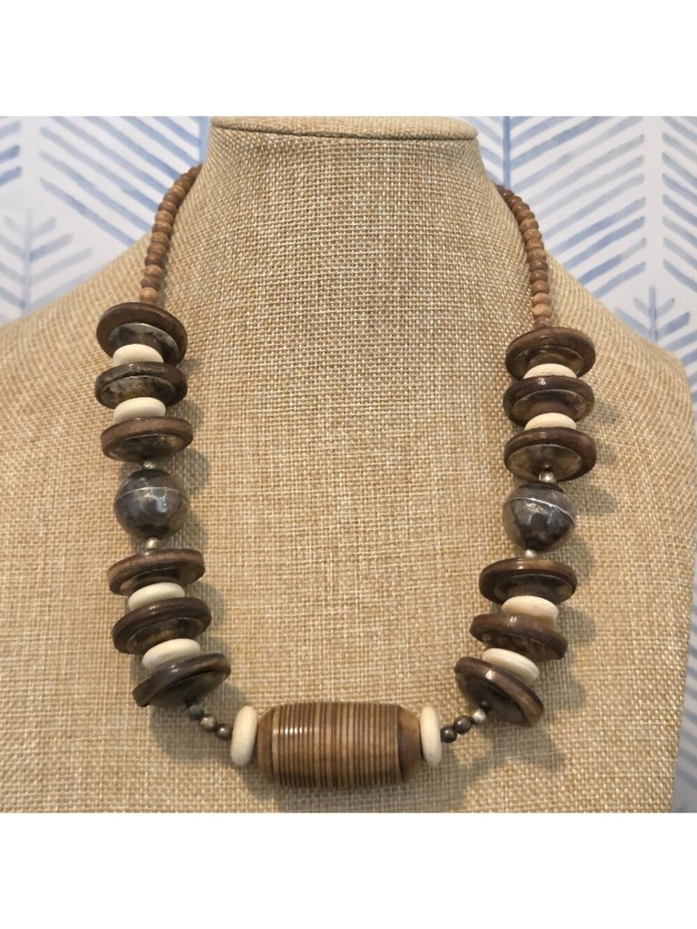 Vintage Handmade Ethnic Tribal Wood Metal & Nut Beaded 20" Necklace